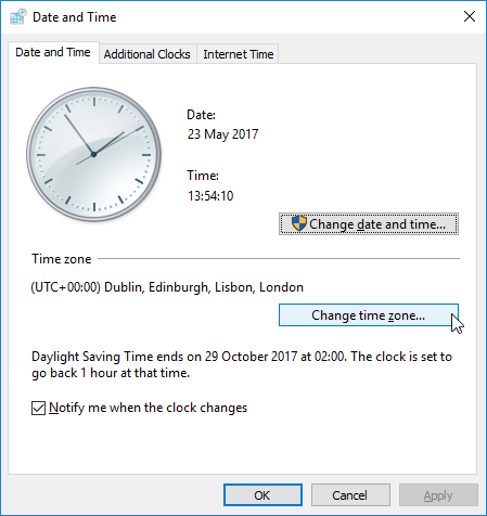 Windows Date Time settings