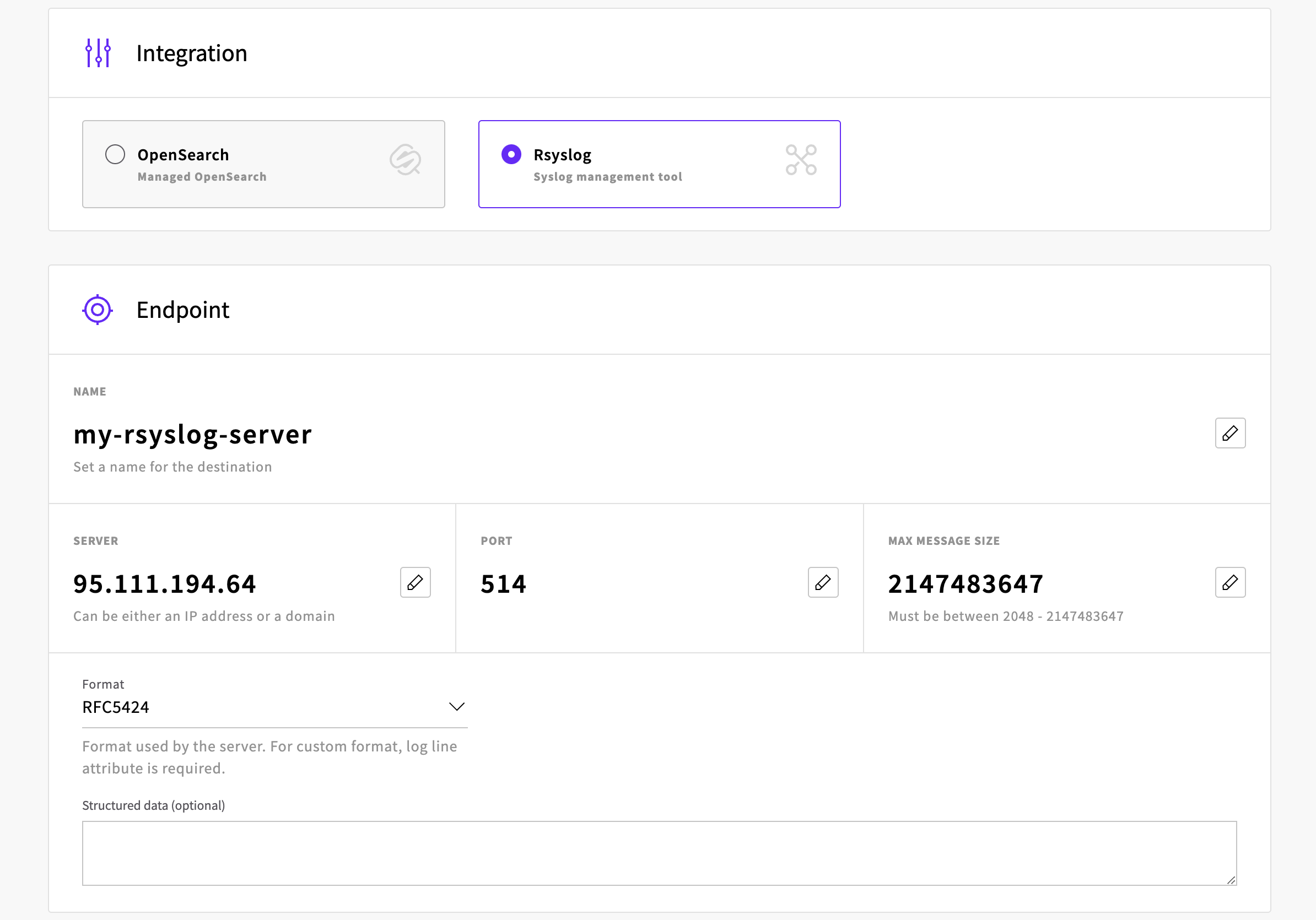 Configuration for an rsyslog integration