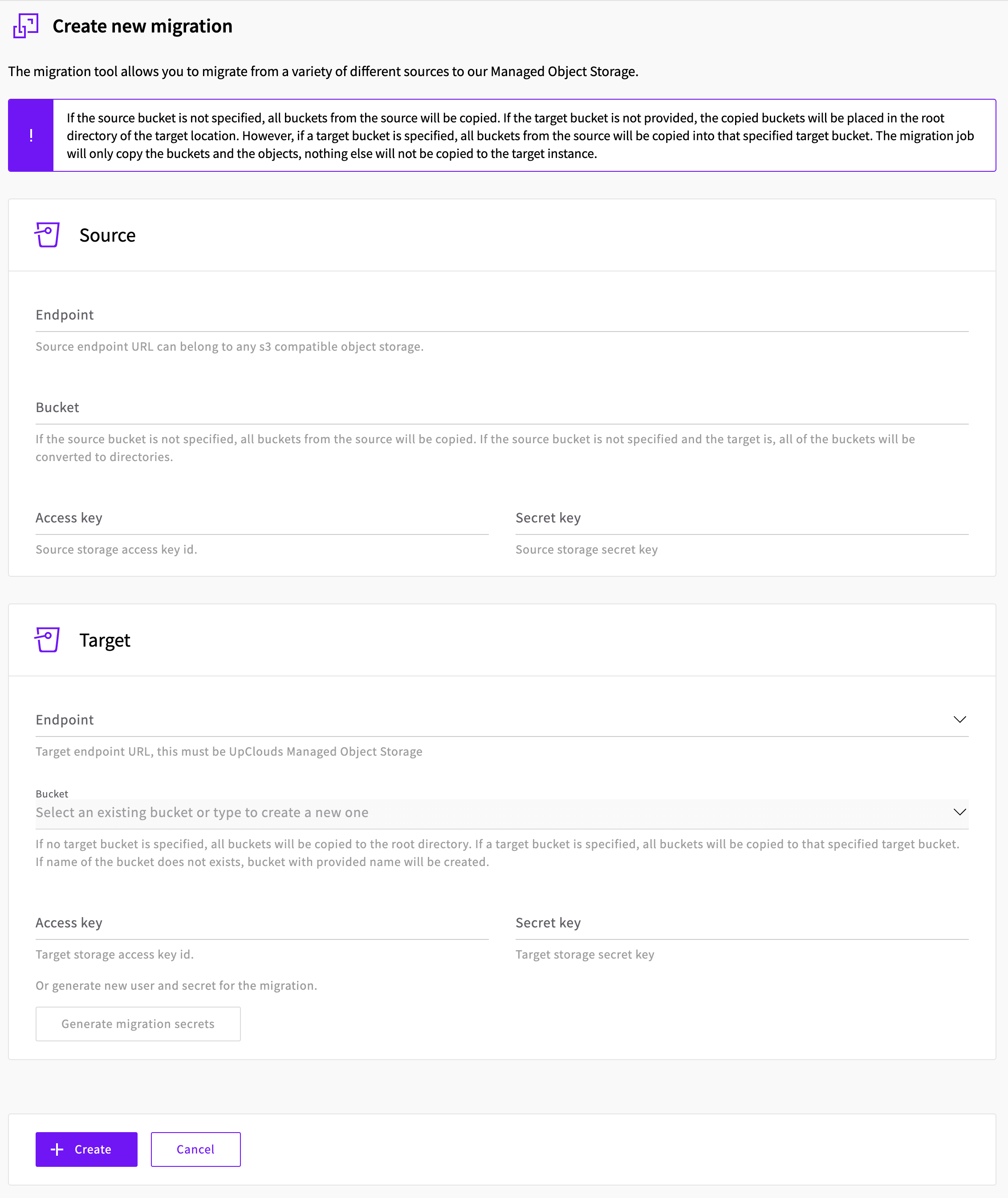Object Storage migration tool interface showing source and target configuration form with fields for endpoint URLs, bucket names, and access credentials