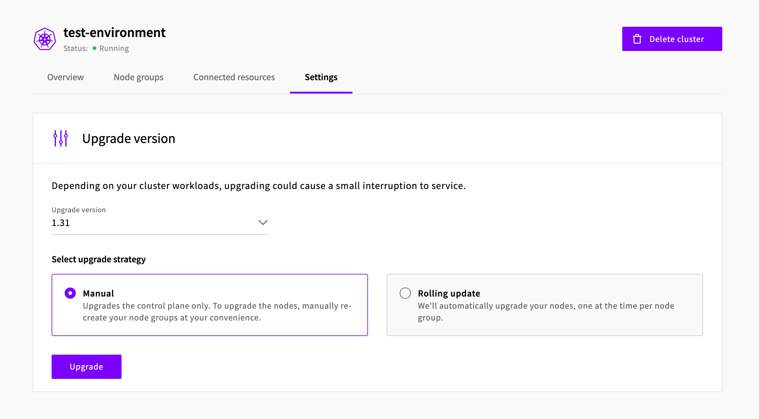 Managed Kubernetes control panel settings interface showing upgrades functionality
