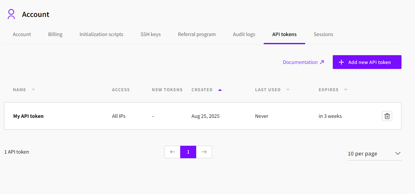 A single API token in the UpCloud Control Panel