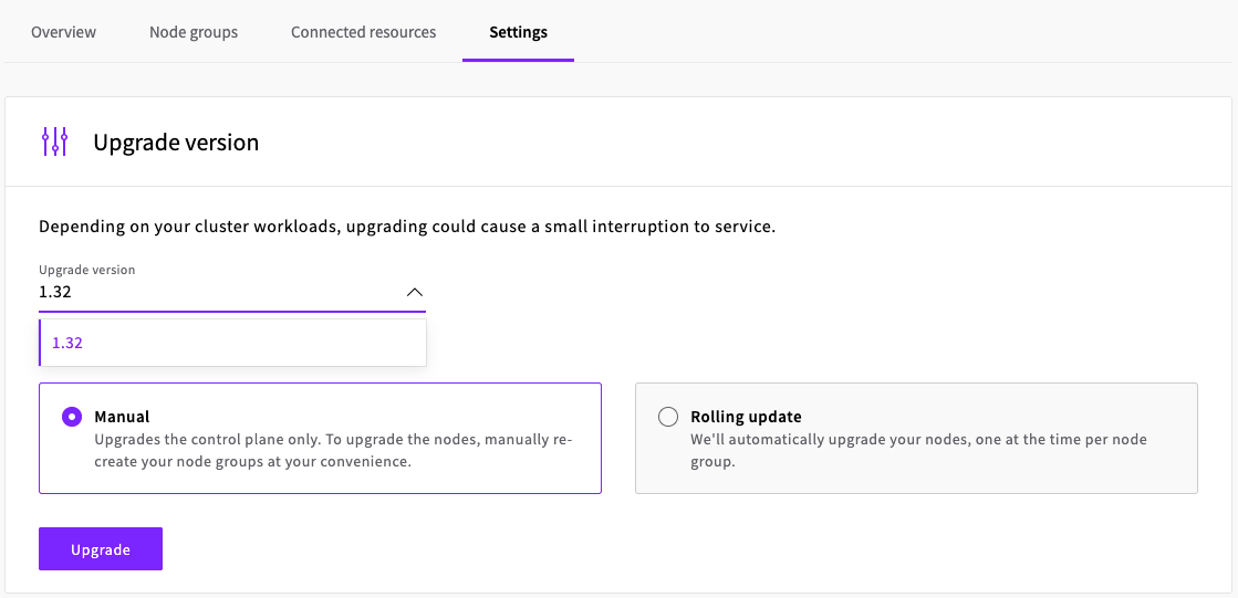 UpCloud Managed Kubernetes Service version upgrade, as displayed in the settings tab in UpCloud Hub