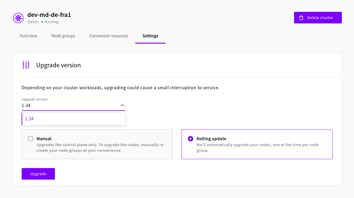 UpCloud Managed Kubernetes Service version upgrade, as displayed in the settings tab in UpCloud Hub