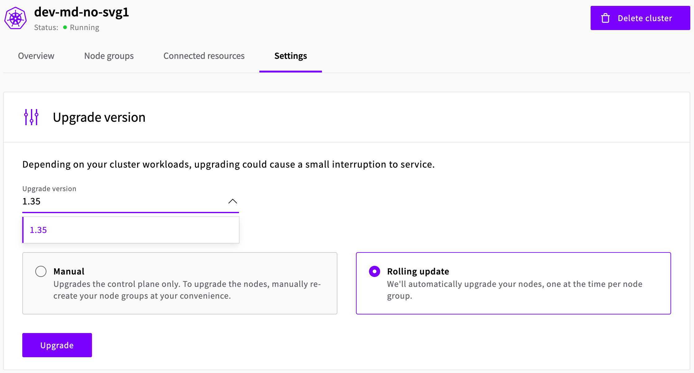 UpCloud Managed Kubernetes Service version upgrade, as displayed in the settings tab in UpCloud Hub
