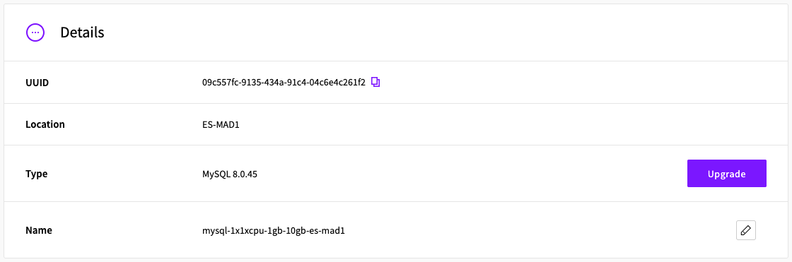 UpCloud Managed Databases Service version upgrade, as displayed in the details card of the overview tab in UpCloud Hub