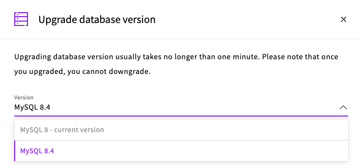 UpCloud Managed Databases Service version upgrade confirmation modal in UpCloud Hub