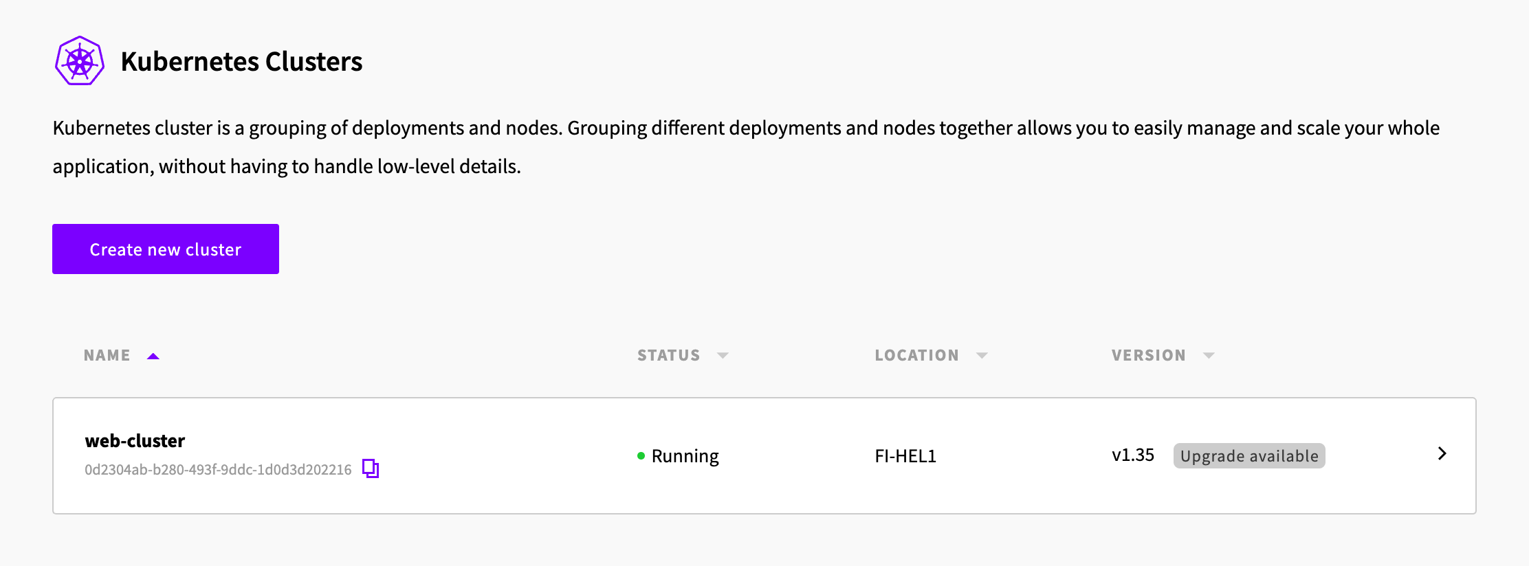 UpCloud Managed Kubernetes Service version upgrade available, as displayed in the Kubernetes clusters list in the UpCloud Control Panel