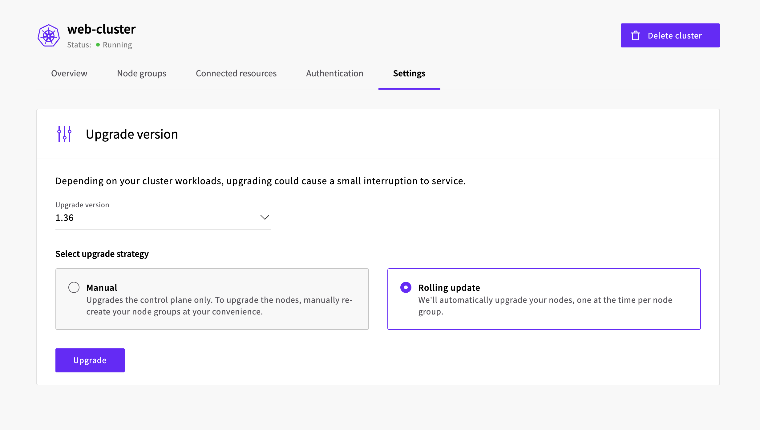 UpCloud Managed Kubernetes Service version upgrade, as displayed in the Settings tab in the UpCloud Control Panel
