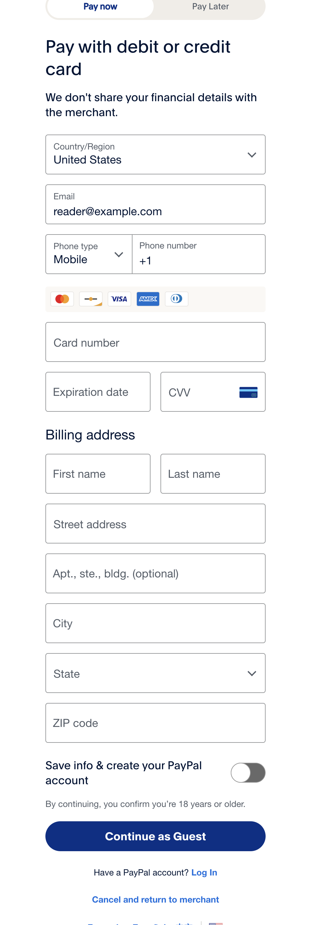 PayPal guest checkout card form