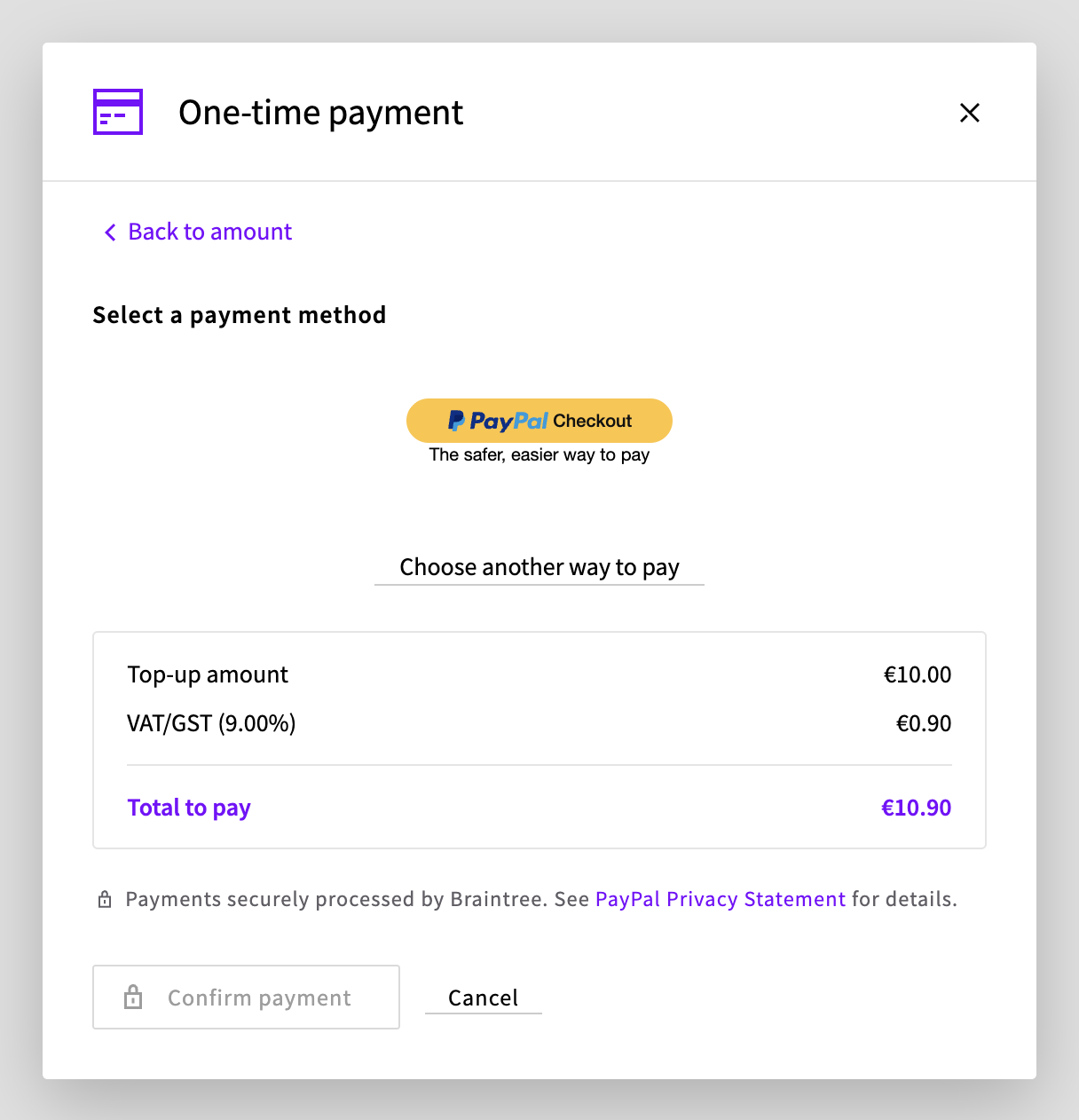 PayPal selected as the payment method in the One-time payment dialog