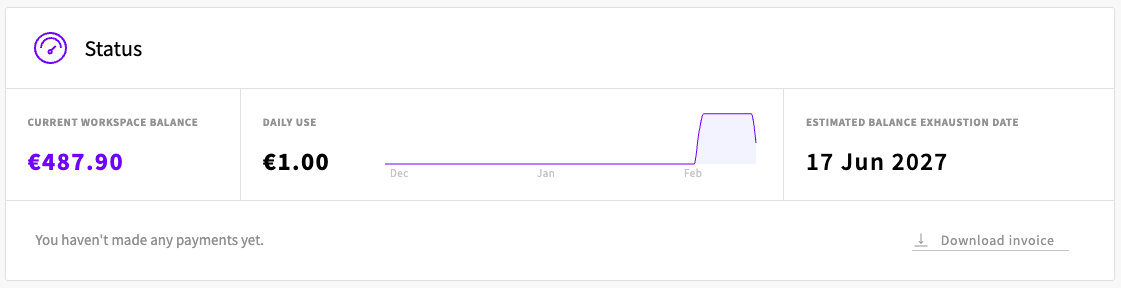 The billing page Status bar showing workspace balance, daily use, a usage graph and estimated exhaustion date