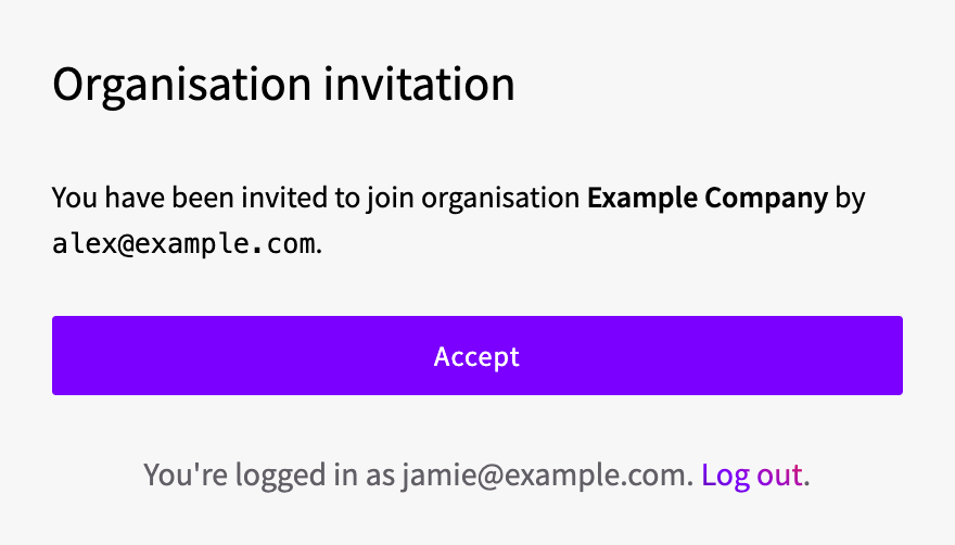 The organization invitation page with the Accept button
