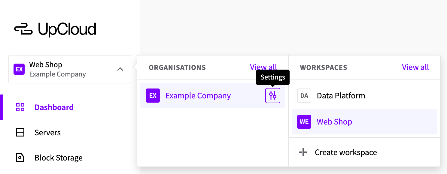 The workspace menu with the Settings icon highlighted next to an organization