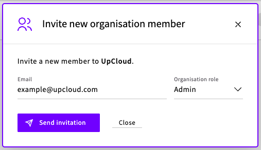 The Invite new organization member modal with an email field and an Organization role dropdown