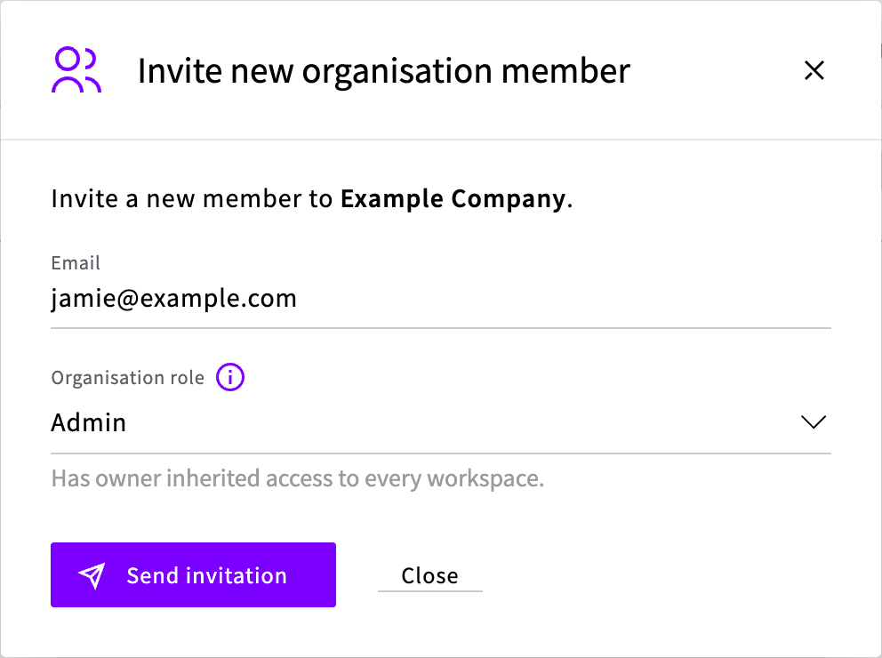 The Invite new organisation member dialog with an email address entered and the Organisation role list
