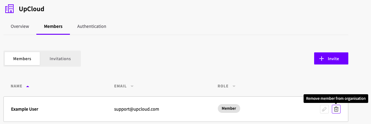 The organization Members page with the delete (Remove member) icon highlighted for a member