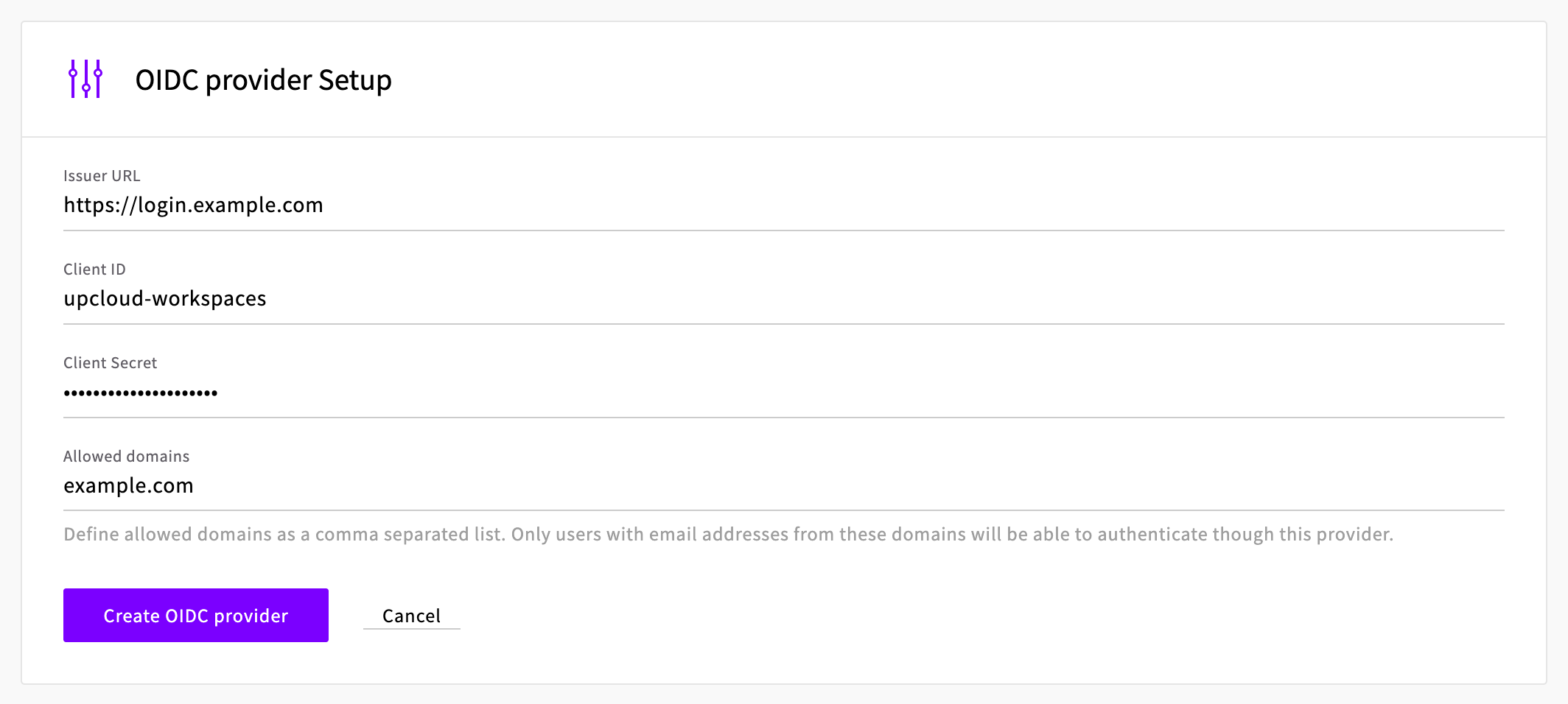 The OIDC provider form with the Issuer URL, Client ID, Client Secret and Allowed domains fields filled in