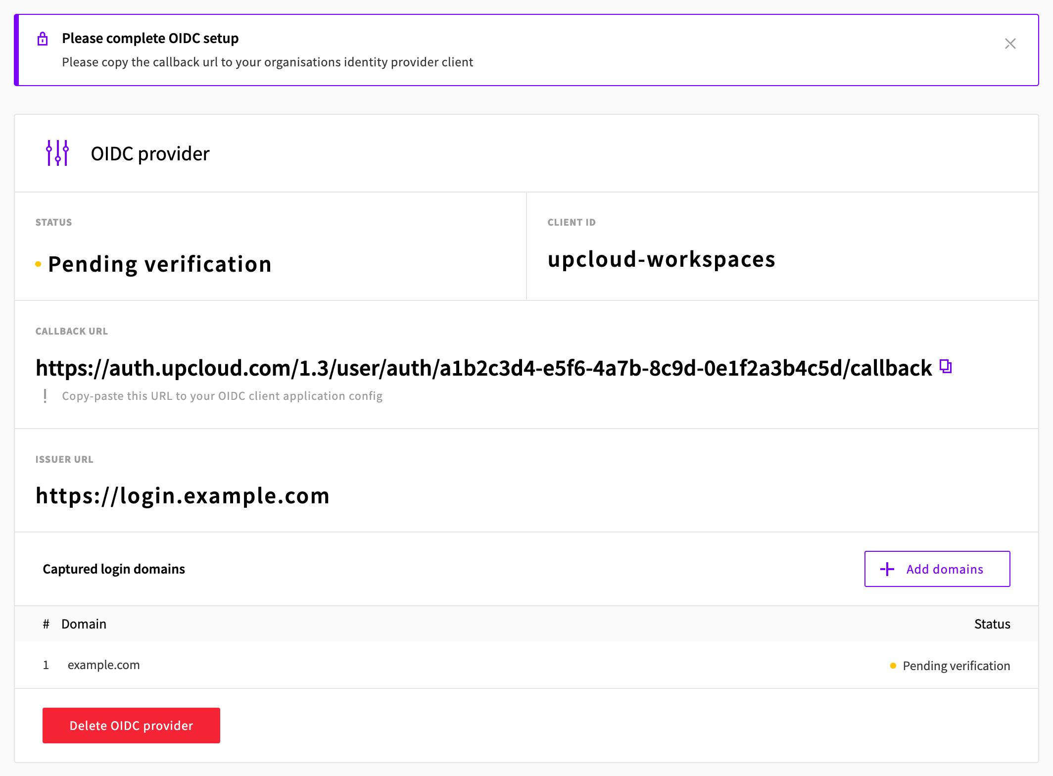 The OIDC provider page with the Pending verification status, the client ID, the callback URL, the issuer URL and the captured login domains