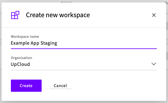 The Create new workspace modal with a workspace name entered and an organization selected