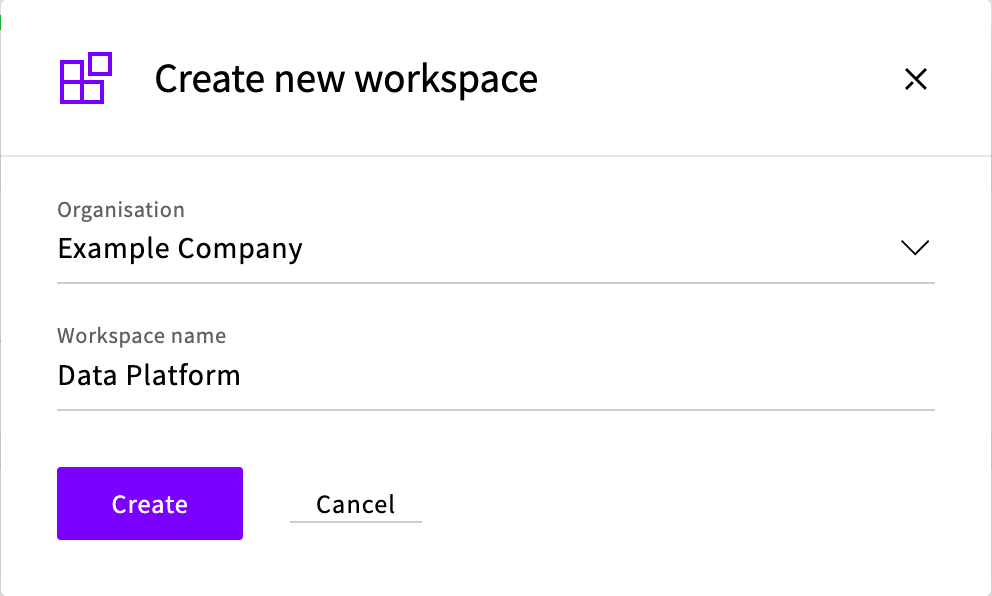 The Create new workspace dialog with an organization selected and a workspace name entered