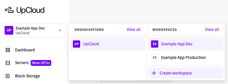 The organizations and workspaces dropdown with the Create workspace button