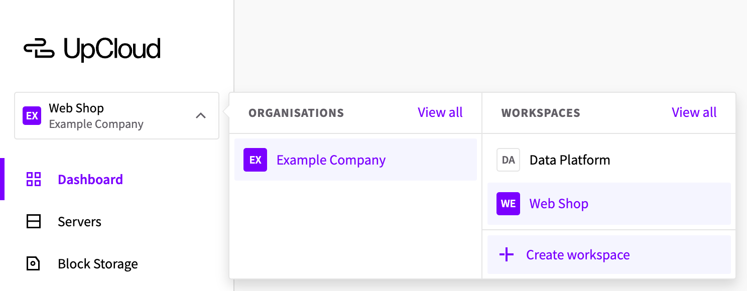 The workspace menu with the Create workspace button