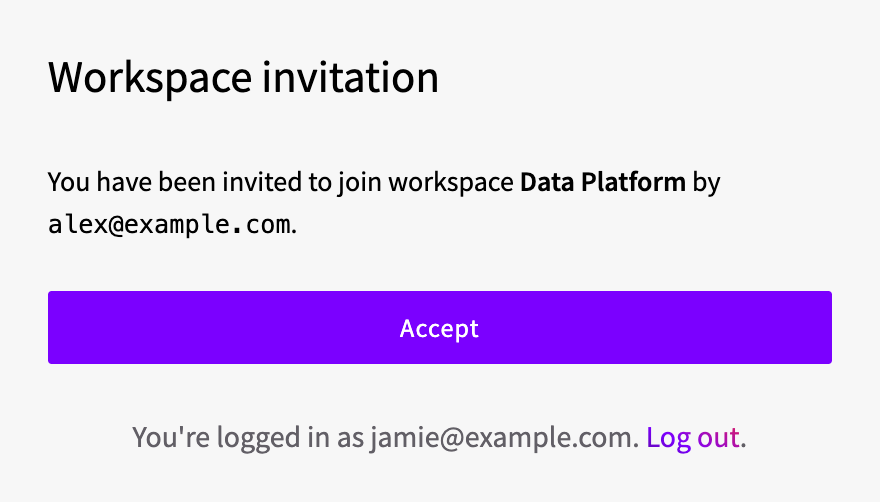 The invitation page with the workspace name, who sent the invitation and the Accept button