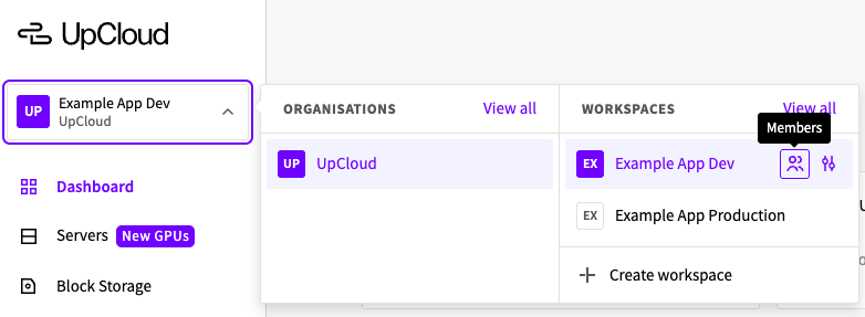 The organizations and workspaces dropdown with the Members button highlighted for a workspace