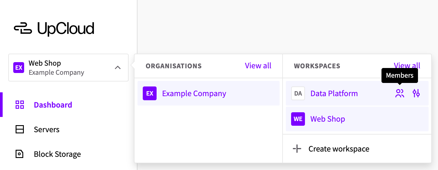 The workspace menu with the Members icon highlighted next to a workspace