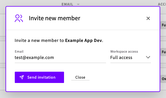 The Invite new member modal with an email field and a Workspace access dropdown