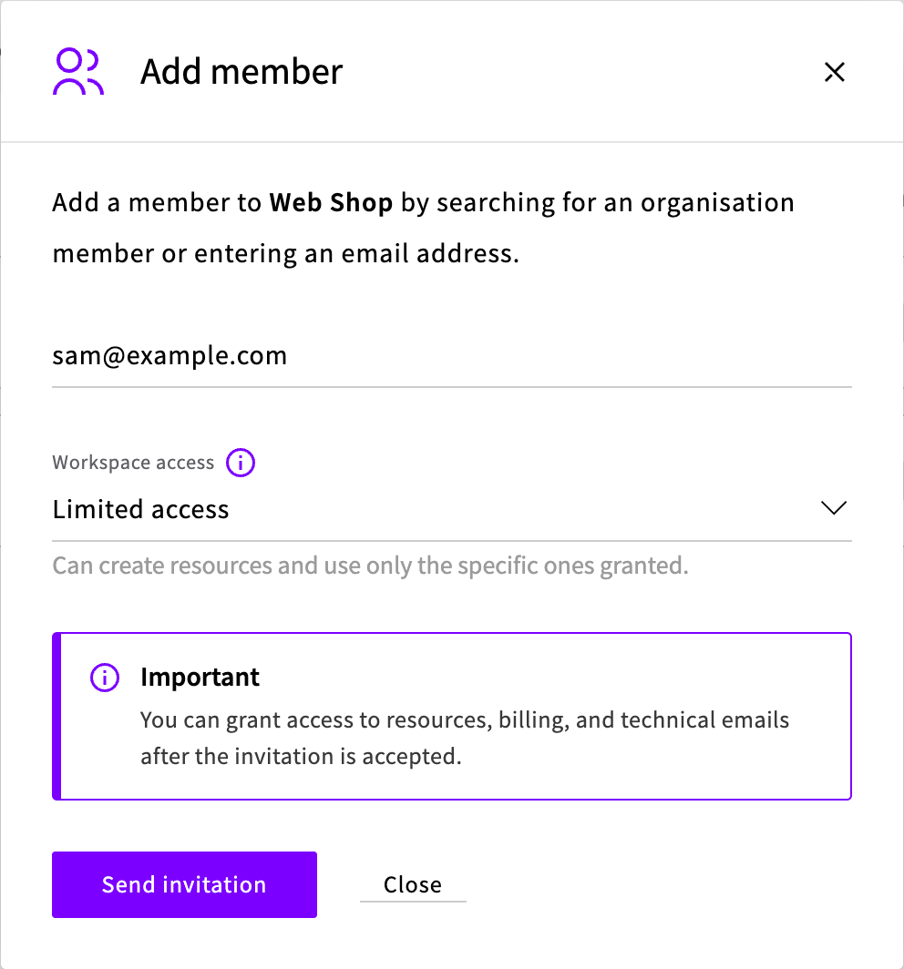 The Add member dialog with an email address entered and the Workspace access list