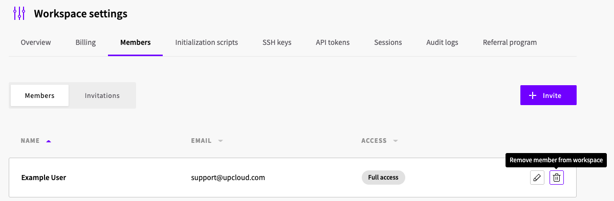 The workspace Members page with the delete (Remove member) icon highlighted for a member