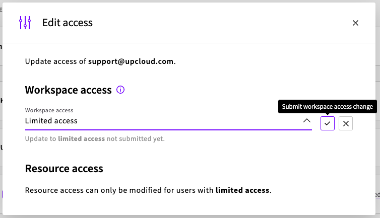 The Edit access modal with Limited access selected and the submit button highlighted