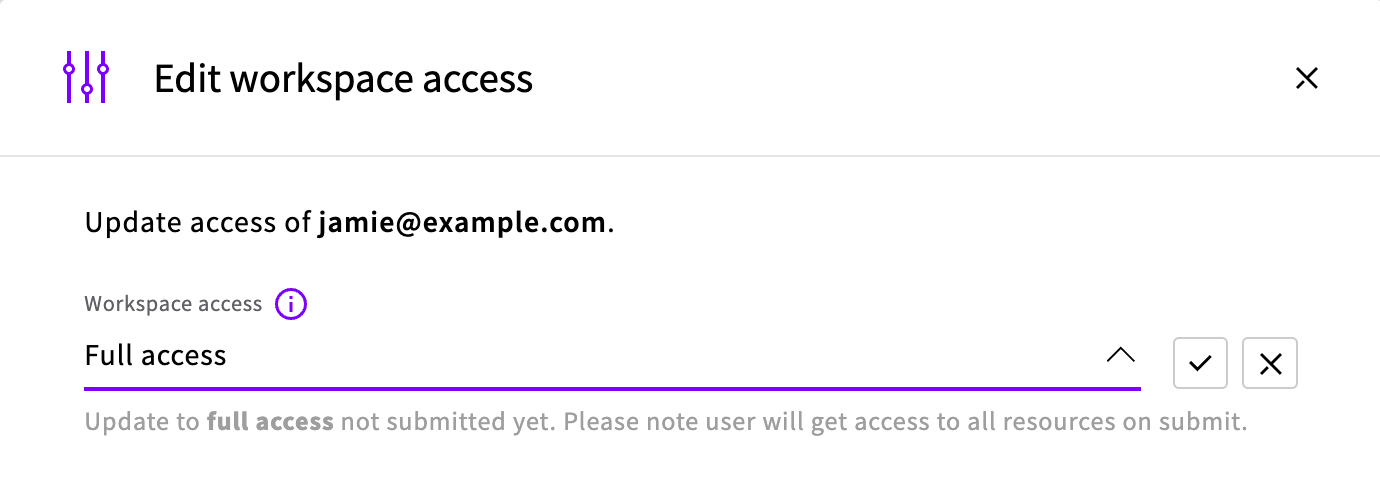 The Edit workspace access dialog with Full access selected, and the check mark and cross buttons next to the list