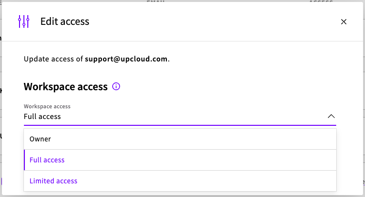 The Edit access modal showing the Workspace access dropdown with Owner, Full access and Limited access options