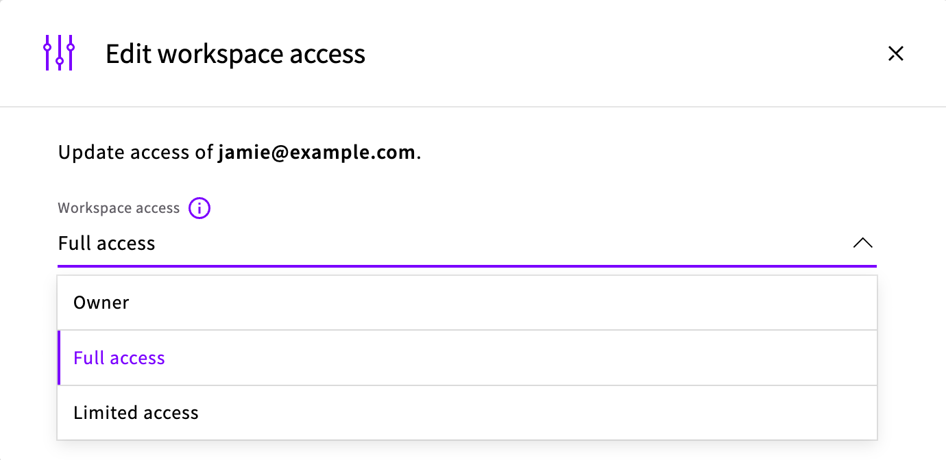 The Edit workspace access dialog with the Workspace access list open, showing Owner, Full access and Limited access