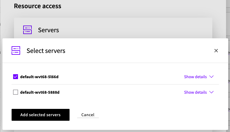 The Select servers modal with server checkboxes and the Add selected servers button