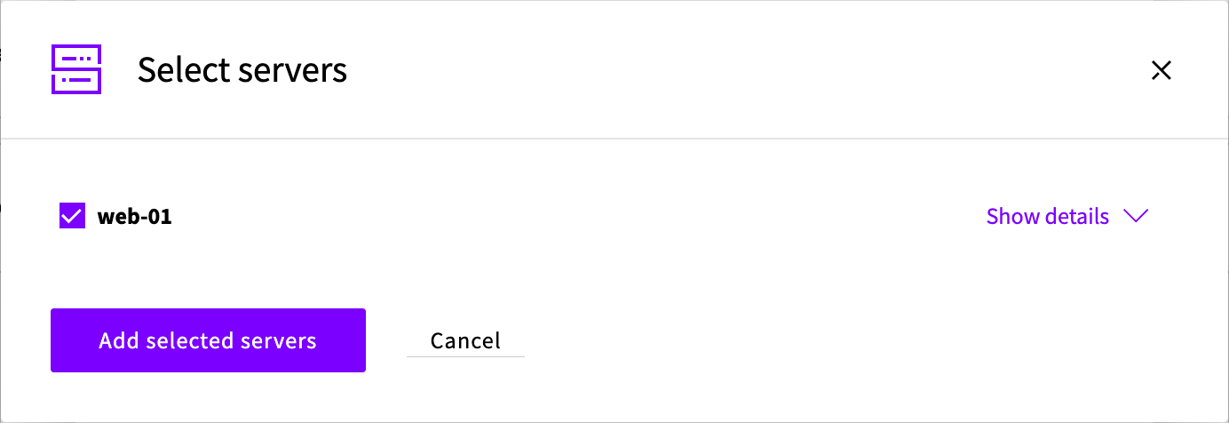 The Select servers dialog with a server selected and the Add selected servers button