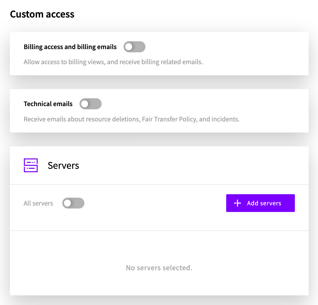 The Custom access section with the billing and technical email switches, and the Servers section with the All servers switch and the Add servers button