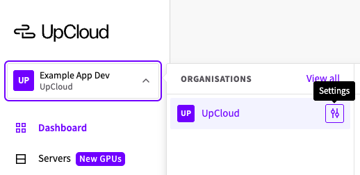 The organizations dropdown with the Settings button highlighted next to an organization