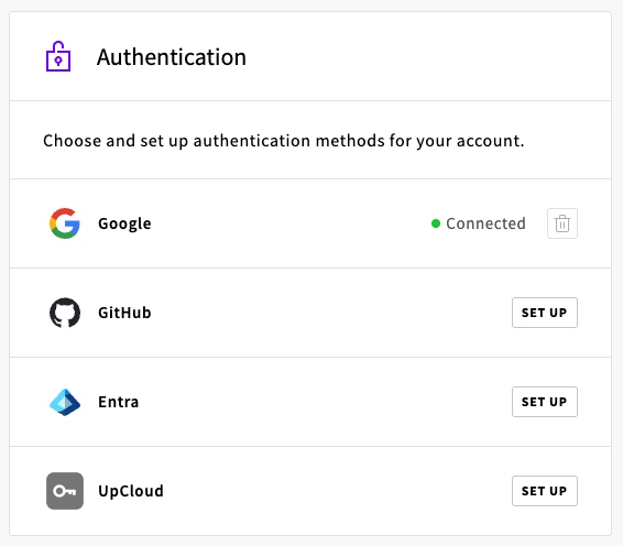 The profile Authentication panel listing Google, GitHub, Microsoft (Entra) and UpCloud sign-in methods