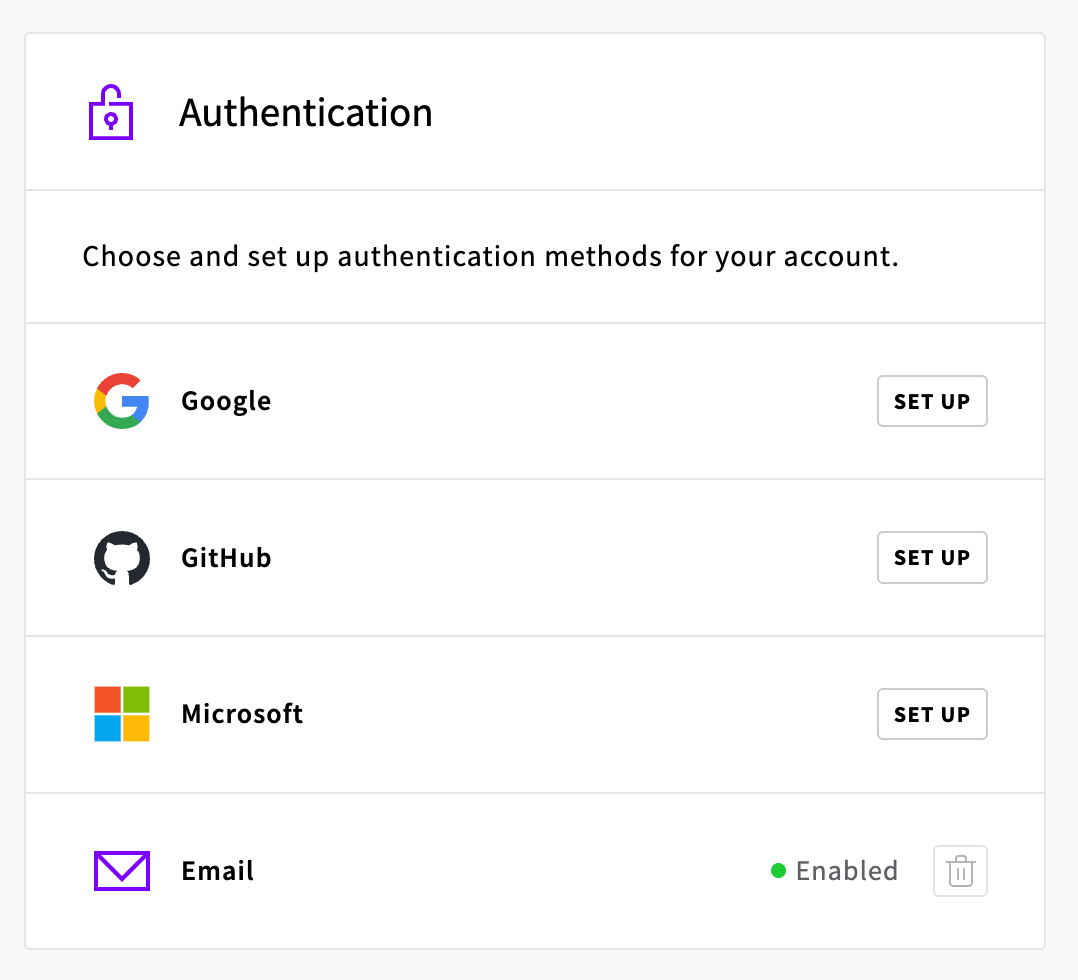 The Authentication panel of the profile page, listing the Google, GitHub, Microsoft and Email sign-in methods