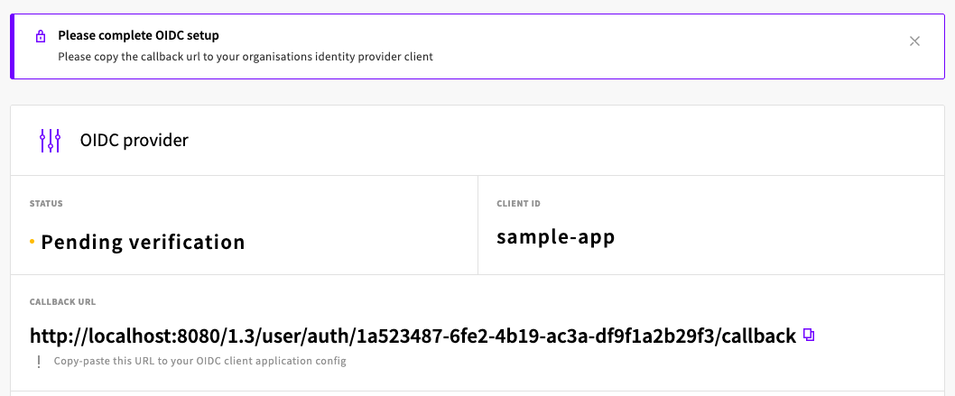 The OIDC provider page showing Pending verification status, the client ID and the callback URL to copy