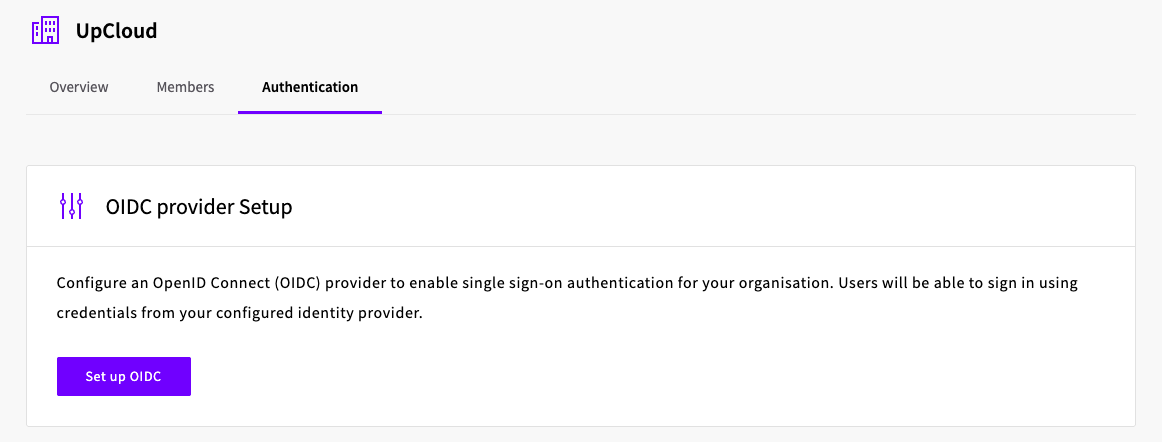 The organization Authentication tab with the OIDC provider setup card and the Set up OIDC button