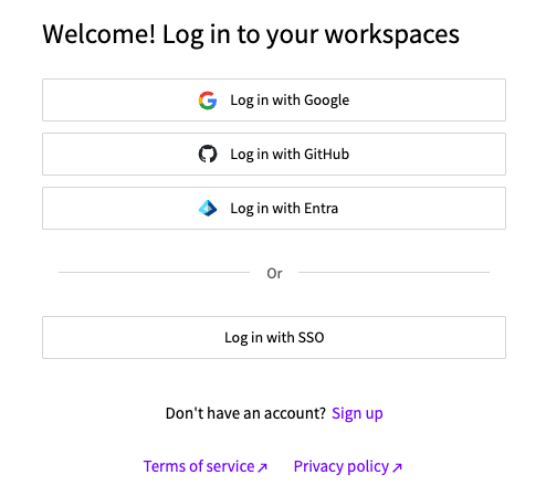 The Workspaces login screen with Google, GitHub, Microsoft (Entra) and SSO sign-in buttons