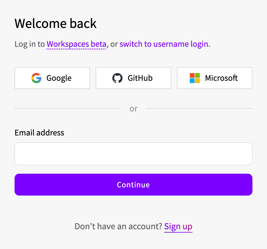 The Workspaces login page with Google, GitHub and Microsoft buttons and an Email address field