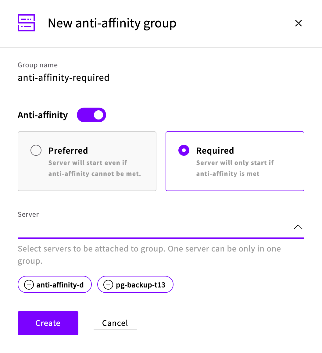 New anti-affinity group dialog
