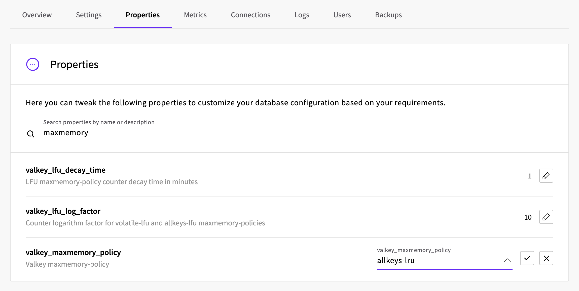 The valkey_maxmemory_policy property on the Properties tab, with allkeys-lru selected