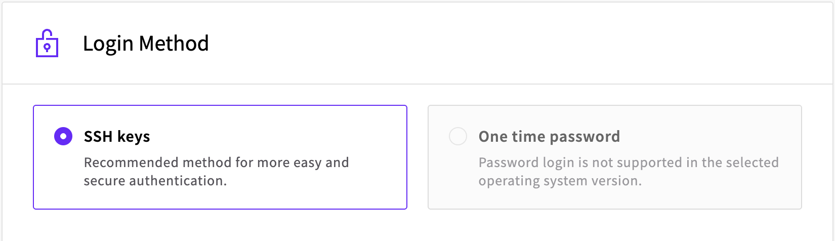Login method selection screen showing SSH keys (selected) and greyed out One time password option.