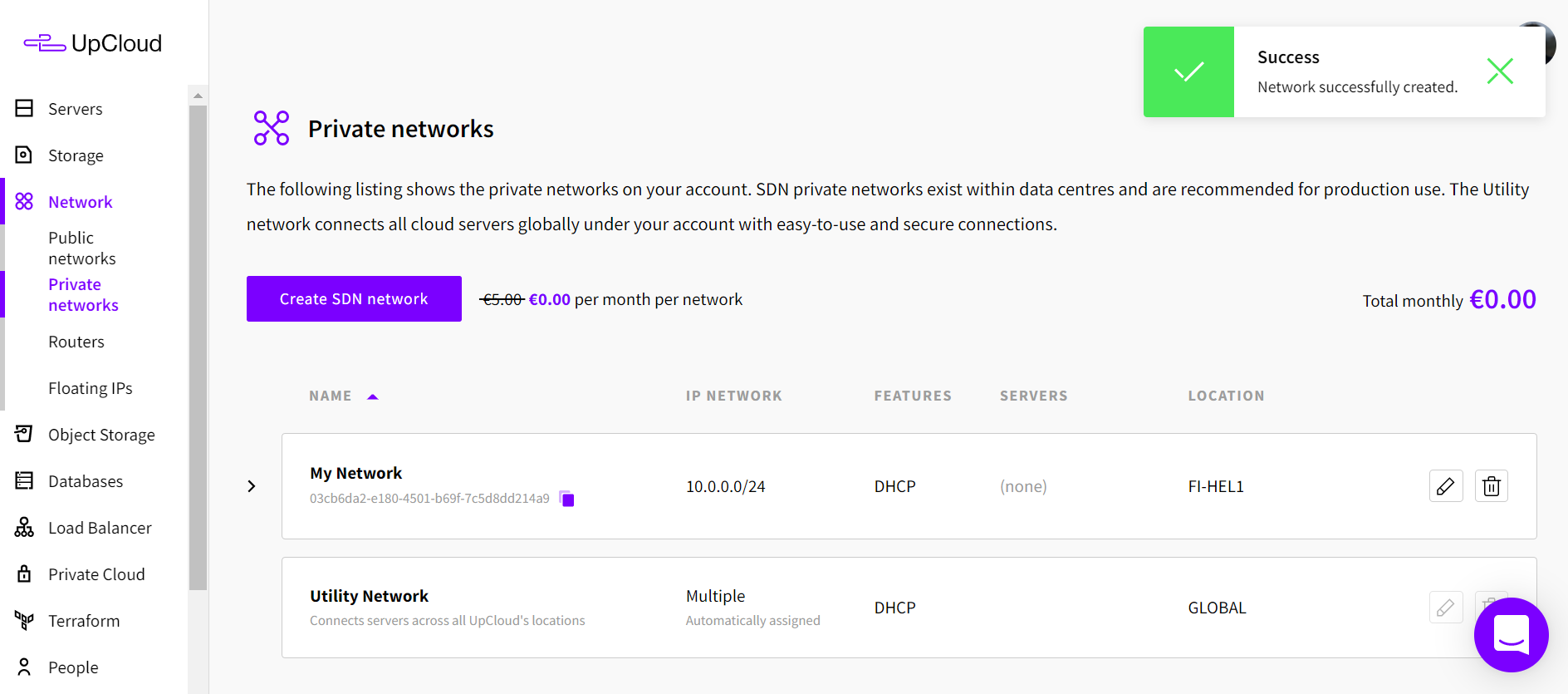 Network successfully created